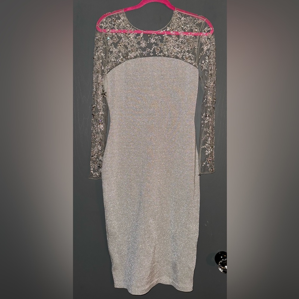 Cashmere Purple label Ralph Lauren Silver Dress with Embellished Sleeves